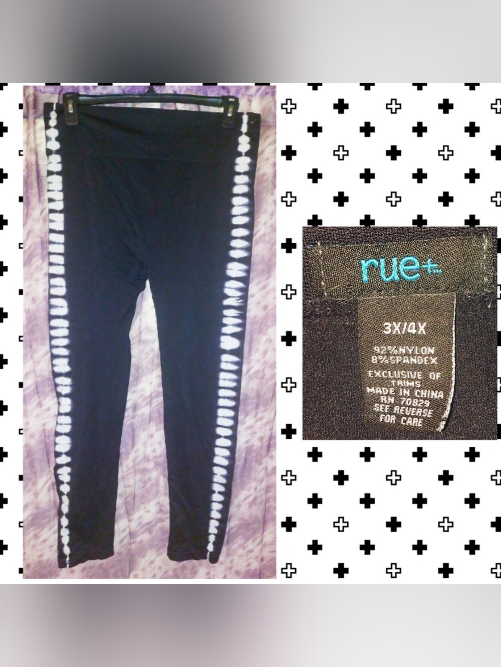 Rue+ Black & White Tie Dye Print Stretch Full Length Soft Knit Leggings Sz 3X/4X